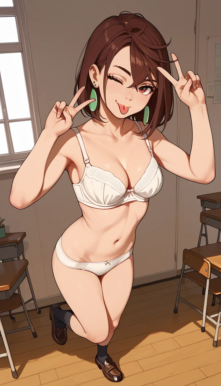 ayase_wz, medium hair, brown hair, brown eyes, medium breasts, green earrings, school, (naked, white underwear, white bra) shoes, socks, loafers, peace sign, sticking out her tongue, winking