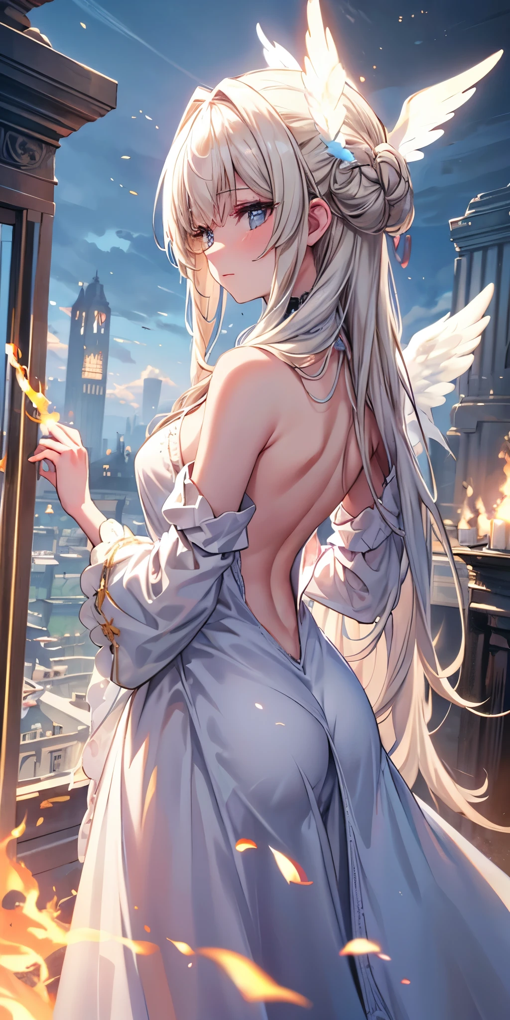 a (Rear view:1.5) A very beautiful female angel\(Long platinum blonde hair, Wide back white dress,(There are beautiful big angel wings on the chest),Very beautiful shiny halo\), She gently opened her arms，Seeking redemption, She is above the clouds, looking down at the world below,Ancient Europe， Fierce war\((So many sparks and flames), fail, fighter, Many buildings collapsed, Nature is destroyed, Magnificent scenery\) Happening Under the Clouds, rest ,quality\(8k,Extremely detailed CG unit wallpaper, masterpiece,high resolution,top-quality,top-quality real texture skin,Surrealism,提high resolution,RAW photos,Best quality,Very detailed,wallpaper,light,Ray Tracing,Golden Ratio\),[National Foundation],Dynamic Angle,[National Foundation],from above