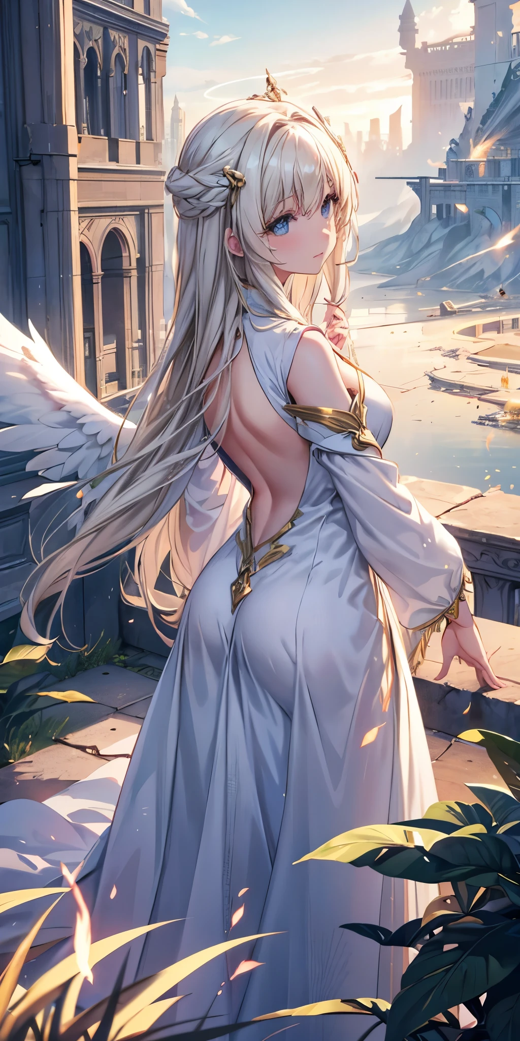 a (Rear view:1.5) A very beautiful female angel\(Long platinum blonde hair, Wide back white dress,(There are beautiful big angel wings on the chest),Very beautiful shiny halo\), She gently opened her arms，Seeking redemption, She is above the clouds, looking down at the world below,Ancient Europe， Fierce war\((So many sparks and flames), fail, fighter, Many buildings collapsed, Nature is destroyed, Magnificent scenery\) Happening Under the Clouds, rest ,quality\(8k,Extremely detailed CG unit wallpaper, masterpiece,high resolution,top-quality,top-quality real texture skin,Surrealism,提high resolution,RAW photos,Best quality,Very detailed,wallpaper,light,Ray Tracing,Golden Ratio\),[National Foundation],Dynamic Angle,[National Foundation],from above