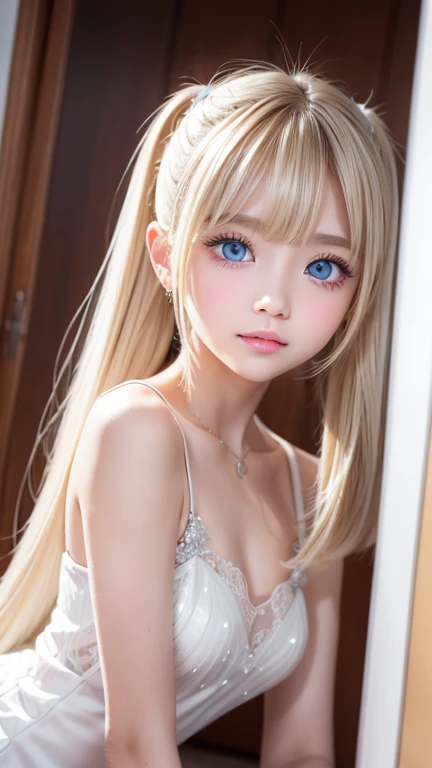 A very white and beautiful 20-year-old blonde girl、Mastepiece, Best Quality, Illustration, Ultra-detailed fine details, Natural platinum blonde with a natural shine、Super long straight silky hair、Super long Rapunzel hair、disheveled bangs above the eyes,、Bangs that cover the face、High resolution, 8K Denden Wallpaper, Perfect dynamic composition, Beautifully detailed large light blue eyes , Very big eyes、of hotel(Bed)、Small Face Beauty、Round face、On all fours