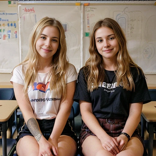 in a classroom,  two teachers sit side by side in a chair. a teacher,  who resembles Avril Lavigne ,  has straight blond hair of medium length ,  a mischievous look in her eyes . The other teacher ,  that resembles Hayley Williams ,  has straight brown hair of medium length ,  emanating a vibrant and energetic aura .  they are both dressed in t-shirts with straps and skirts ,  showing their individual styles .  As you sit in front of them ,  they look at you with a dismissive smile ,  his gaze challenges you . ( full body,  good and curvaceous ), perfect hourglass figure,  perfect body proportion ,