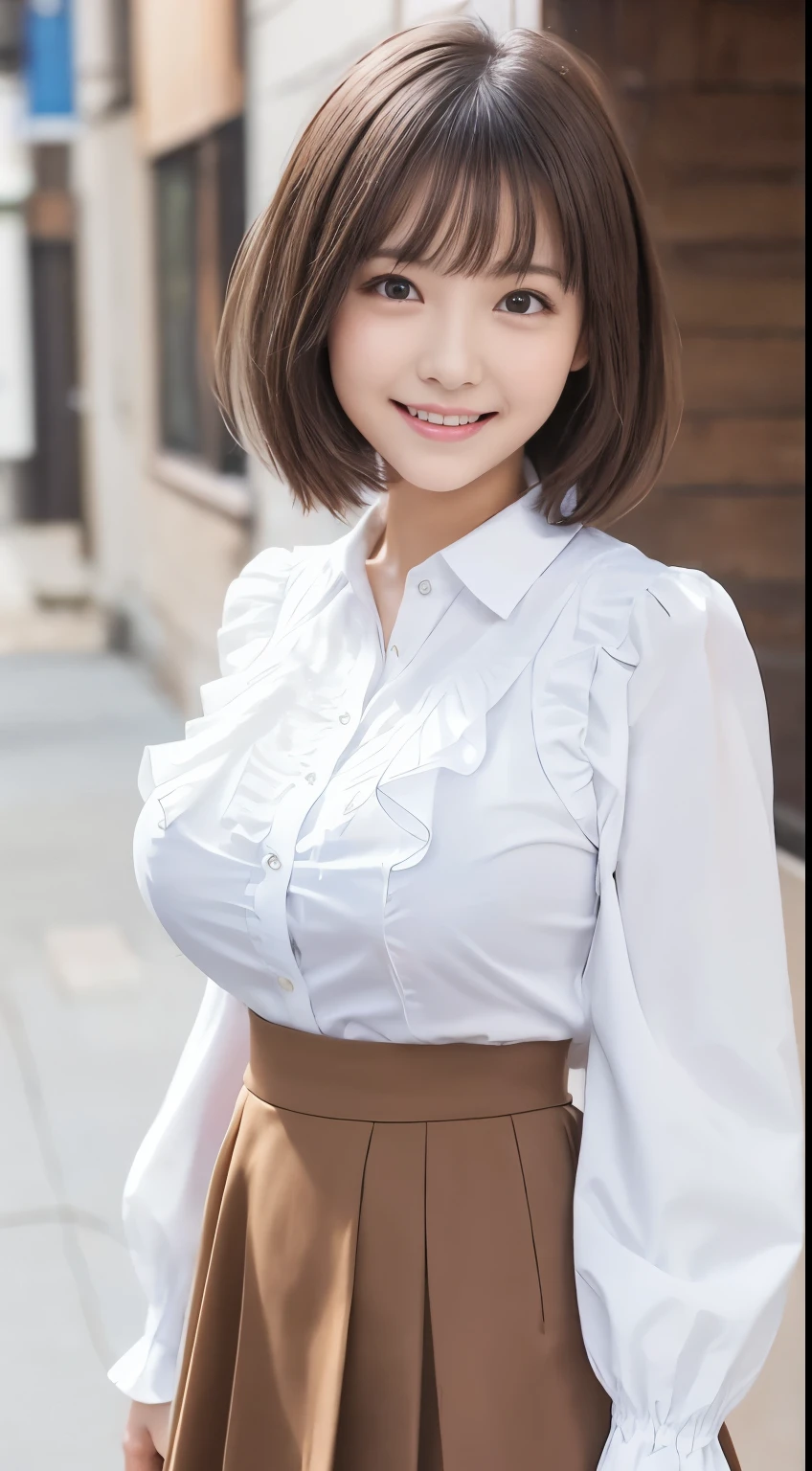 .................,, In front of school、 skirt、white long-sleeved shirt with ruffles on the chest、格子柄 skirt、On, , sakimichan,, cute and cute, , nice smile, sakimichan hdri、Lori、 boobs、Beautiful breasts 、,(Big Breasts:1.20),(:1)、 brown hair、 brown hairの髪、、 shorthair、Cute pose、 closes her mouth