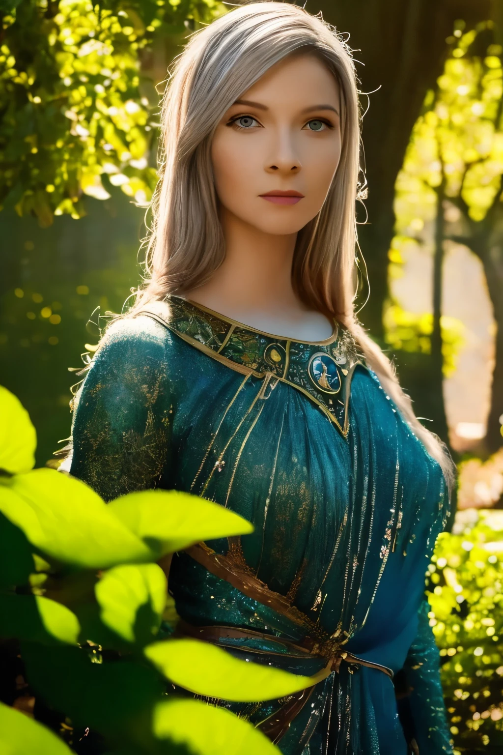 Galadriel in hyper-realistic detail, standing gracefully in an elven city, surrounded by majestic architecture with intricate carvings, glowing crystal towers, and cascading waterfalls. Her golden hair flows elegantly, and her serene expression radiates wisdom and strength. She wears a silver, intricately detailed elven gown that shimmers in soft natural light. The background is filled with lush greenery, delicate bridges, and glowing lights illuminating the ethereal atmosphere of the elven city. natural light, 35mm photograph, film, professional, 4k, highly detailed, Golden hour lighting. Depth of field F2. Rule of Thirds Composition.
