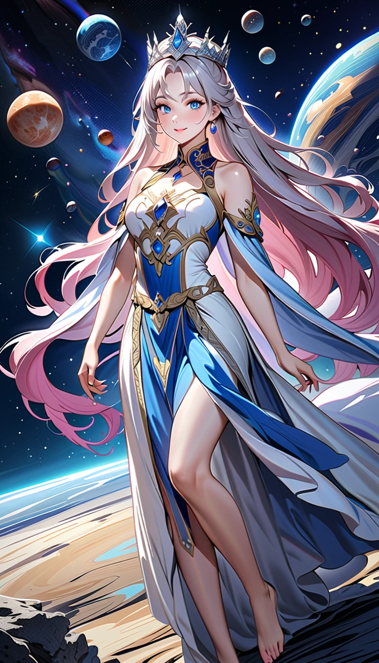 ( top quality,  high image quality,  high definition , 8k), The most beautiful goddess,  Anatomically Beautiful Body , Beautiful blue eyes, Beautiful pink lips,  perfect face,  Long Silky Straight Silver Hair, whole body,  White and Light Blue Royal Tunic ,  Quartz and Sapphire Crown ,  standing, Detailed illustrated art with quiet hand and foot movements ,  look at me and smile, Celestial Bodies, planet, nebula, solar system,  starry sky , meteor,  detailed illustrated art including backgrounds, 