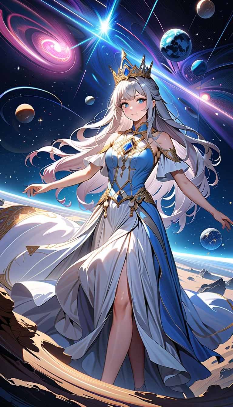 ( top quality,  high image quality,  high definition , 8k), The most beautiful goddess,  Anatomically Beautiful Body , Beautiful blue eyes, Beautiful pink lips,  perfect face,  Long Silky Straight Silver Hair, whole body,  White and Light Blue Royal Tunic ,  Quartz and Sapphire Crown ,  standing, Detailed illustrated art with quiet hand and foot movements ,  look at me and smile, Celestial Bodies, planet, nebula, solar system,  starry sky , meteor,  detailed illustrated art including backgrounds, 