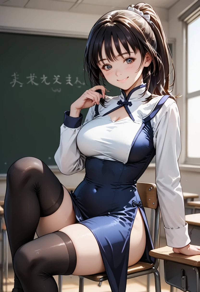 score_9, score_8_up, score_7_up, score_6_up, score_5_up, score_4_up, (masterpiece, best quality), 1girl, In the high school classroom, sitting on the chair, show breasts, smile, blush, closed mouth, medium full breasts, (sit with one knee up),
BREAK
ponytail hair, china dress, Black thighhighs, 