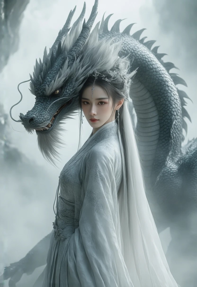 Aravud image of a girl in a white dress standing in front of a dragon, Chinese Fantasy, the Dragon Girl portrait, Dragon Girl, Chinese Girl, palace , Girl wearing Hanfu, White Hanfu, xianxia fantasy, Ross Tran 8k, Fantasy Characters Photos, Beautiful digital artwork, ross tran 和 wlop, Dragon in the background