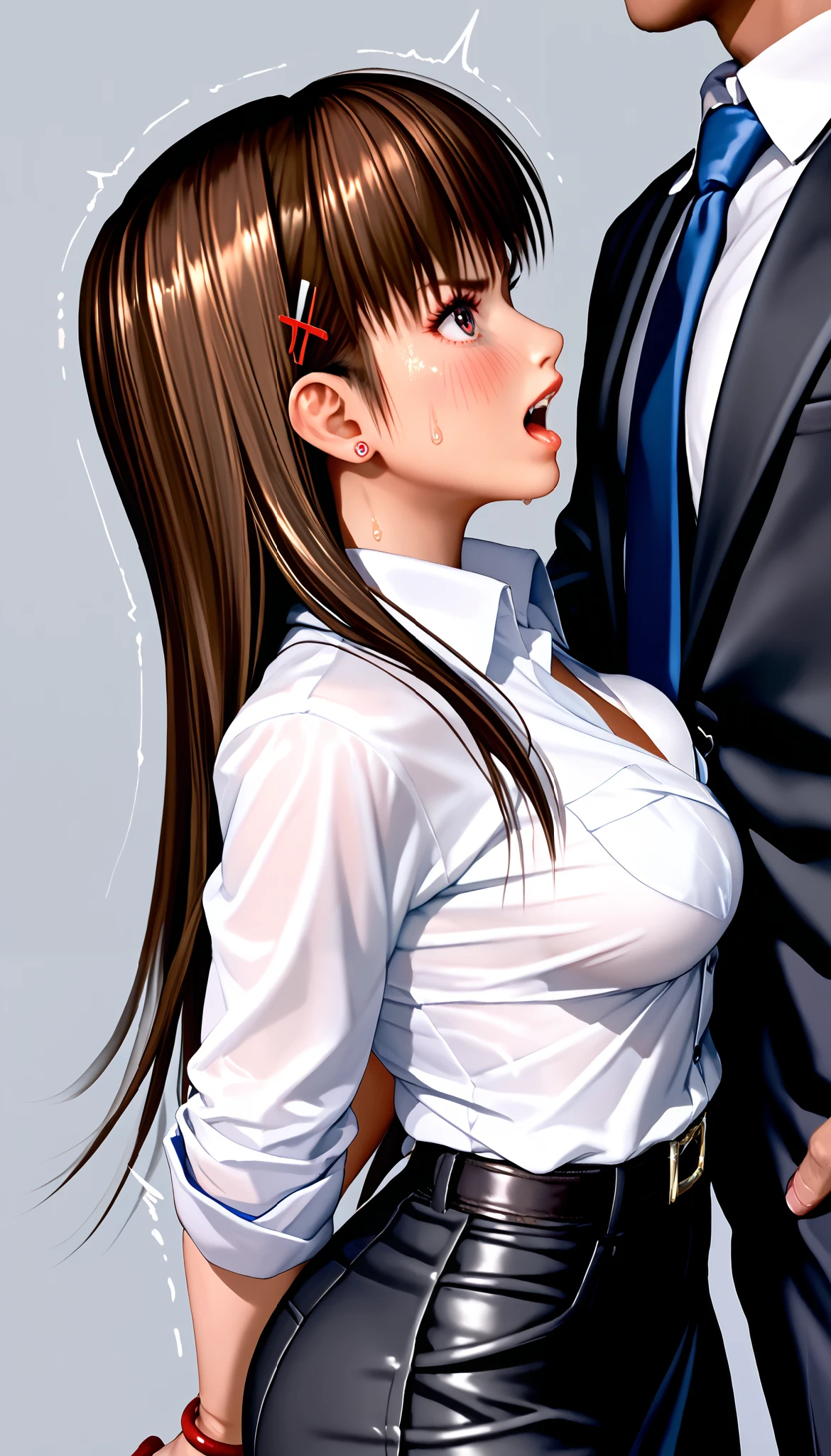 DOALeiFang, LeiFangDOA, gasp, 1girl ,1male, a male holding girl’s hip, glossy black pants, glossy white business shirt, arms behind back, {{arching the body backward}}, office lady, be breathless, sweat, sparkling sweat, trembling, long brown straight hair, breasts, [[angry]], blush, {anguish}, {{shameful}}, from side,