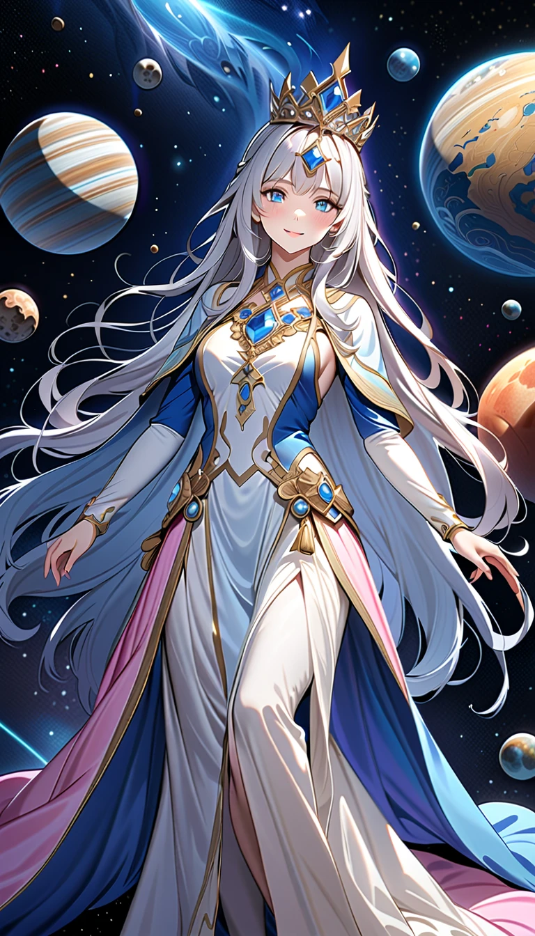 ( top quality,  high image quality,  high definition , 8k), The most beautiful goddess,  Anatomically Beautiful Body , Beautiful blue eyes, Beautiful pink lips,  perfect face,  Long Silky Straight Silver Hair, whole body,  White and Light Blue Royal Tunic ,  Quartz and Sapphire Crown ,  standing, Detailed illustrated art with quiet hand and foot movements ,  look at me and smile, Celestial Bodies, planet, nebula, solar system,  starry sky , meteor,  detailed illustrated art including backgrounds, 