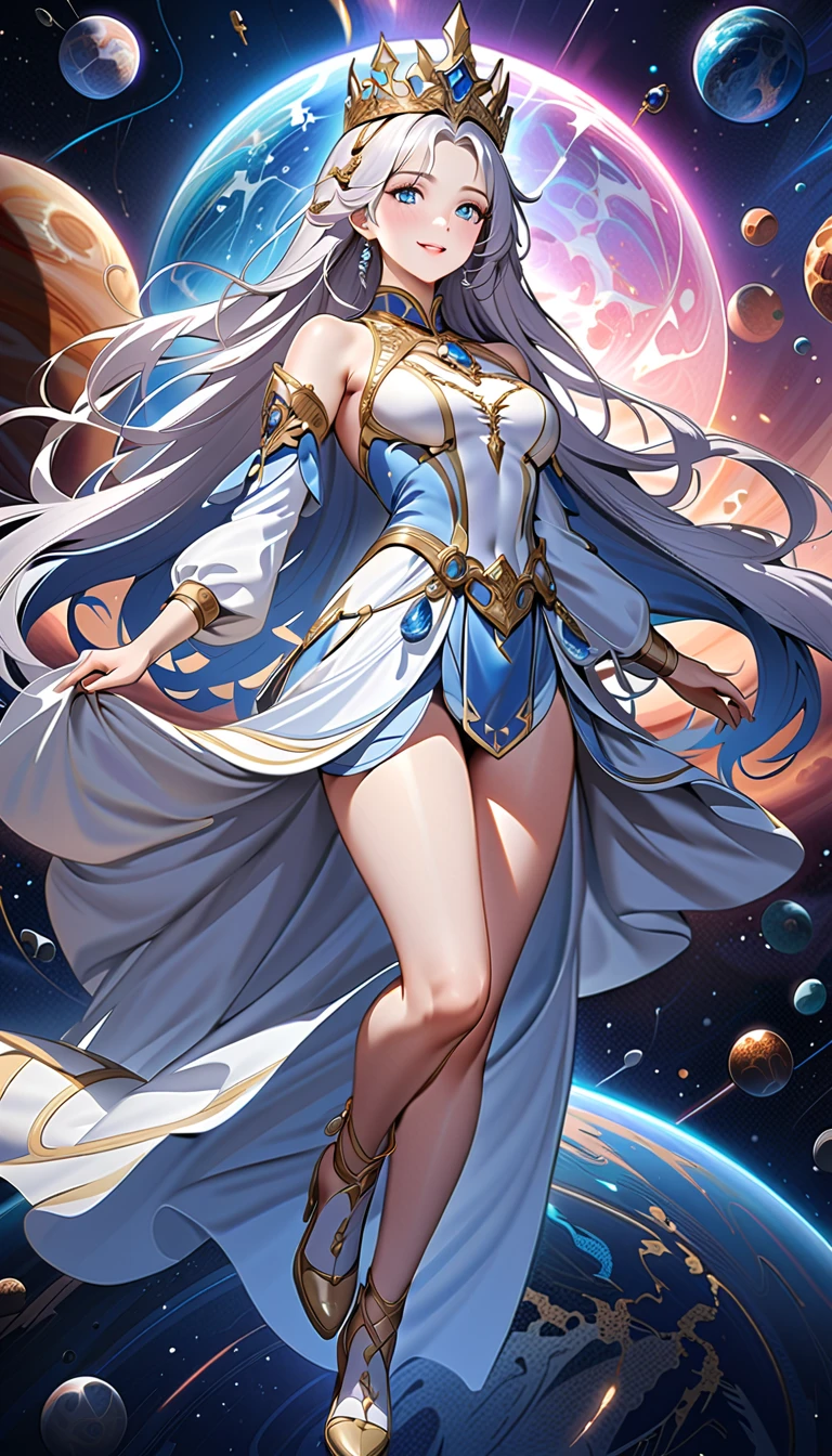 ( top quality,  high image quality,  high definition , 8k), The most beautiful goddess,  Anatomically Beautiful Body , Beautiful blue eyes, Beautiful pink lips,  perfect face,  Long Silky Straight Silver Hair, whole body,  White and Light Blue Royal Tunic ,  Quartz and Sapphire Crown ,  standing, Detailed illustrated art with quiet hand and foot movements ,  look at me and smile, Celestial Bodies, planet, nebula, solar system,  starry sky , meteor,  detailed illustrated art including backgrounds, 