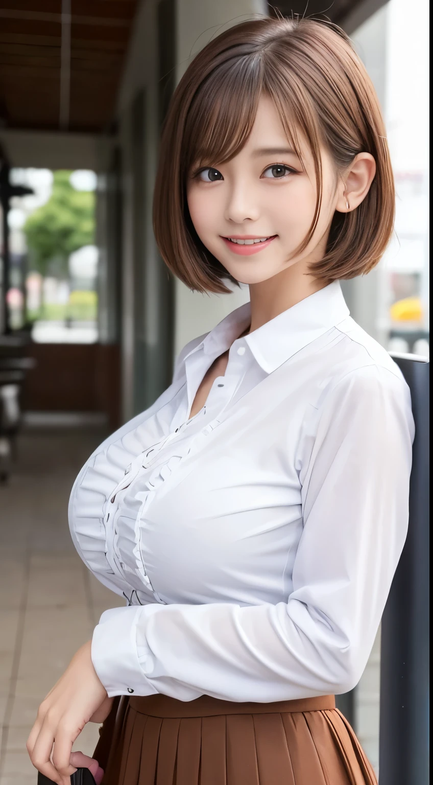  .................,, In front of school、   skirt 、Long-sleeved white shirt with ruffles on the chest、格子柄 skirt、On, , sakimichan,,  cute and cute,   , nice smile, sakimichan hdri、Lori、 boobs、Beautiful breasts 、,(Big Breasts:1.20),(:1)、 brown hair、 brown hairの髪、、 shorthair、Cute pose、 closes her mouth