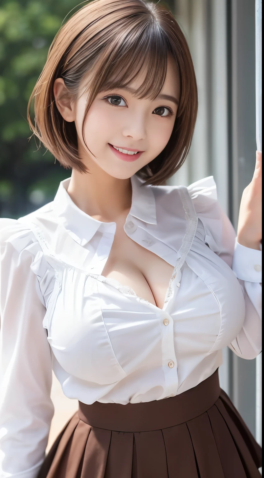  .................,, In front of school、   skirt 、Long-sleeved white shirt with ruffles on the chest、格子柄 skirt、On, , sakimichan,,  cute and cute,   , nice smile, sakimichan hdri、Lori、 boobs、Beautiful breasts 、,(Big Breasts:1.20),(:1)、 brown hair、 brown hairの髪、、 shorthair、Cute pose、 closes her mouth