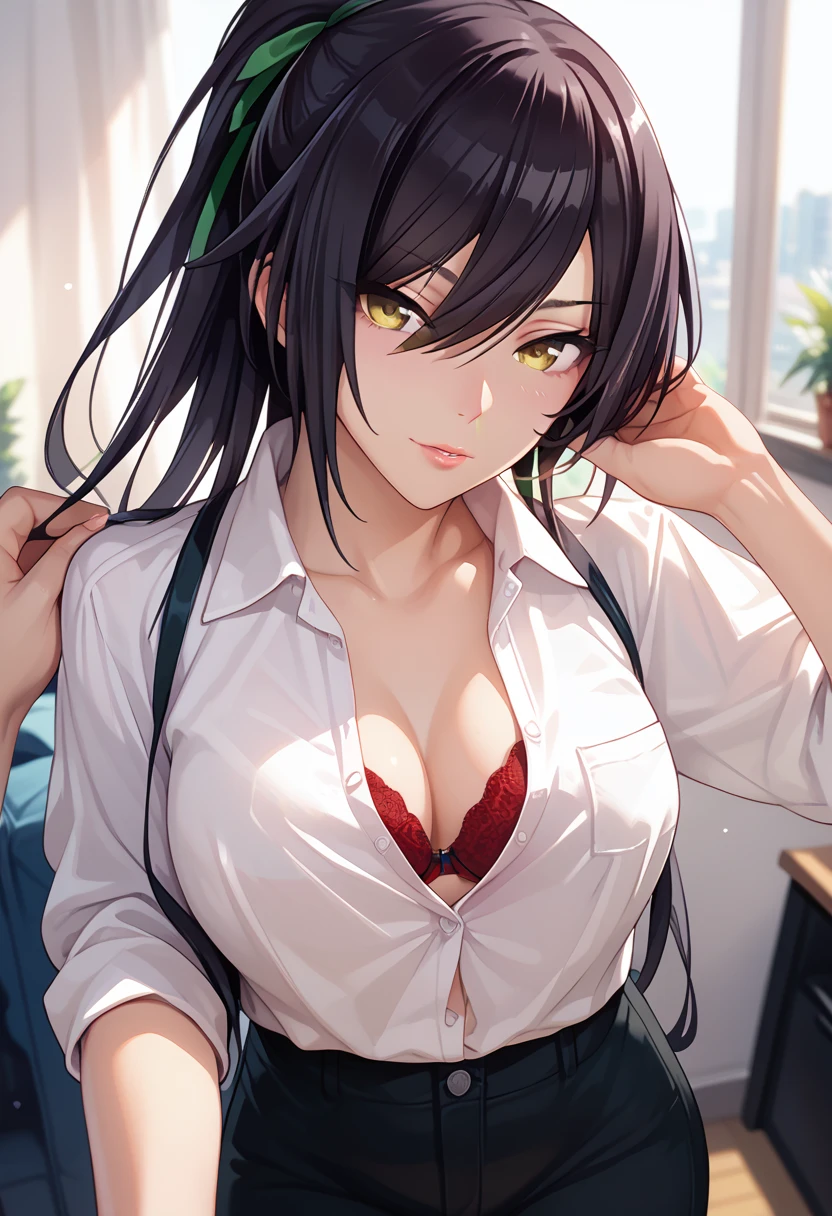 Shirase Sakuya,black hair, yellow eyes, ponytail, white shirts, black pants, ribbon,  pov, unbutton girl's shirt, red bra