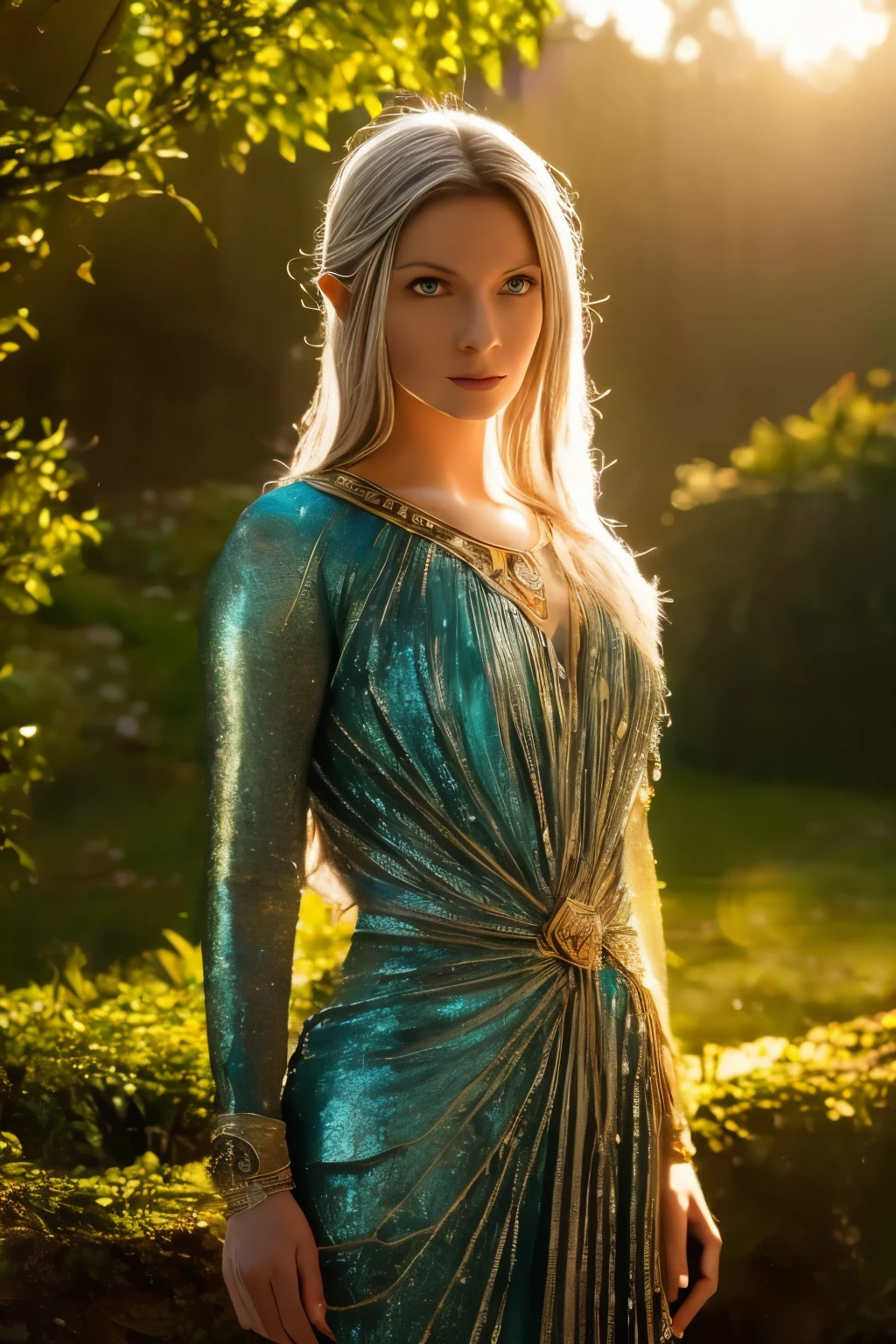 Galadriel in hyper-realistic detail, standing gracefully in an elven city, surrounded by majestic architecture with intricate carvings, glowing crystal towers, and cascading waterfalls. Her golden hair flows elegantly, and her serene expression radiates wisdom and strength. She wears a silver, intricately detailed elven gown that shimmers in soft natural light. The background is filled with lush greenery, delicate bridges, and glowing lights illuminating the ethereal atmosphere of the elven city. natural light, 35mm photograph, film, professional, 4k, highly detailed, Golden hour lighting. Depth of field F2. Rule of Thirds Composition.
