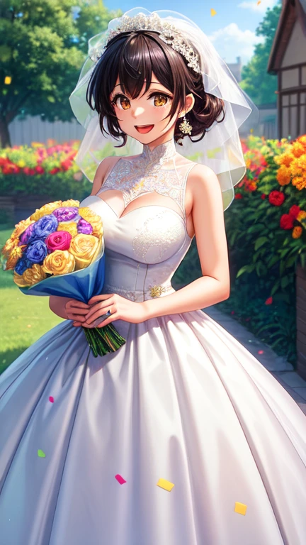 masterpiece, best quality, , girl, solo, looking at viewer, yoshikazu_miyano, black hair, brown eyes, large breasts, wedding Dress, standing, garden, confetti, holding bouquet, smile, open mouth,