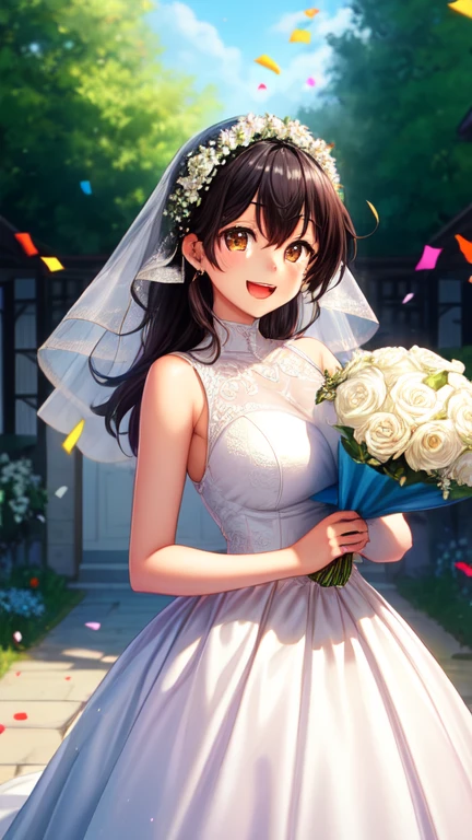 masterpiece, best quality, , girl, solo, looking at viewer, yoshikazu_miyano, black hair, brown eyes, large breasts, wedding Dress, standing, garden, confetti, holding bouquet, smile, open mouth,