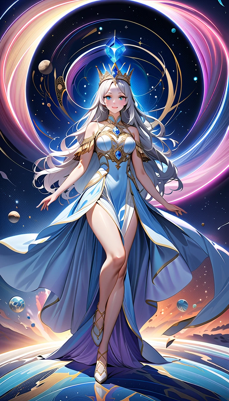 ( top quality,  high image quality,  high definition , 8k), The most beautiful goddess,  Anatomically Beautiful Body , Beautiful blue eyes, Beautiful pink lips,  perfect face,  Long Silky Straight Silver Hair, whole body,  White and Light Blue Royal Tunic ,  Quartz and Sapphire Crown ,  standing, Detailed illustrated art with quiet hand and foot movements ,  look at me and smile, Celestial Bodies, planet, nebula, solar system,  starry sky , meteor,  detailed illustrated art including backgrounds, 