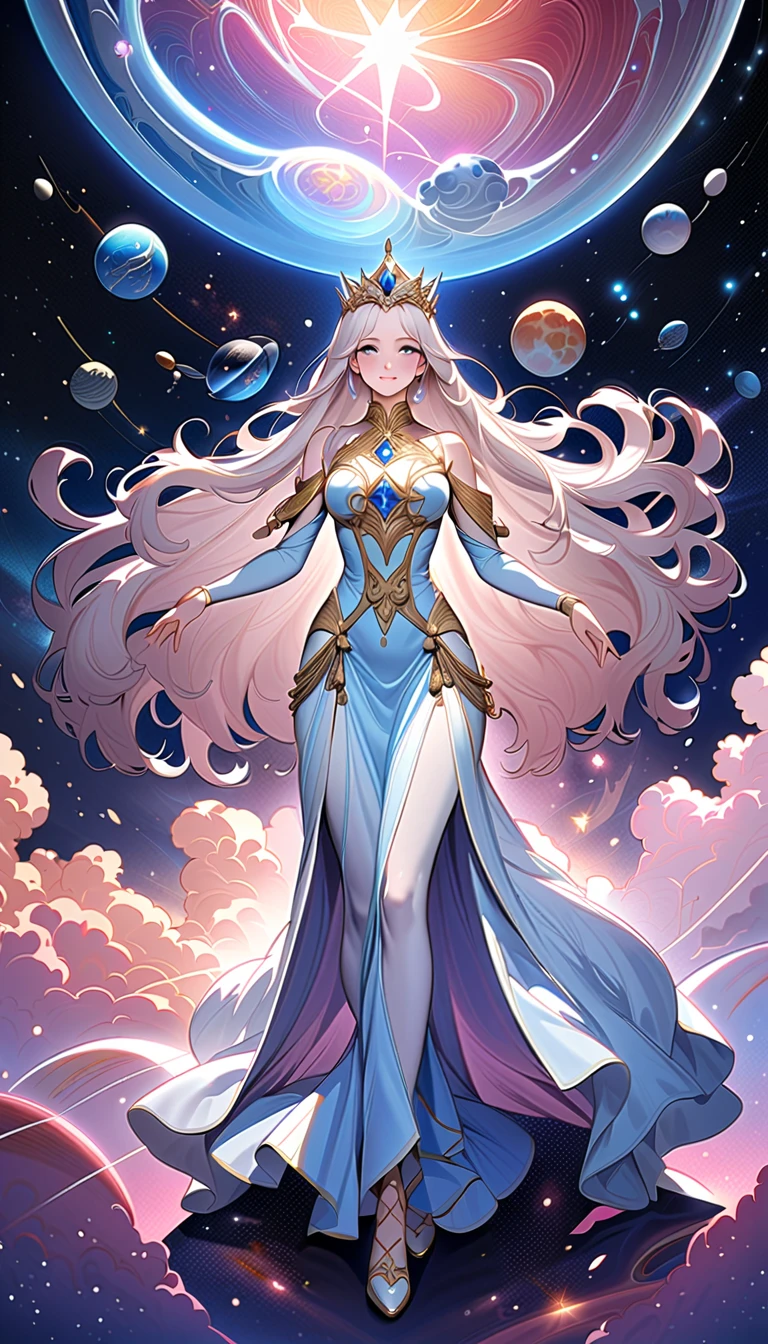 ( top quality,  high image quality,  high definition , 8k), The most beautiful goddess,  Anatomically Beautiful Body , Beautiful blue eyes, Beautiful pink lips,  perfect face,  Long Silky Straight Silver Hair, whole body,  White and Light Blue Royal Tunic ,  Quartz and Sapphire Crown ,  standing, Detailed illustrated art with quiet hand and foot movements ,  look at me and smile, Celestial Bodies, planet, nebula, solar system,  starry sky , meteor,  detailed illustrated art including backgrounds, 