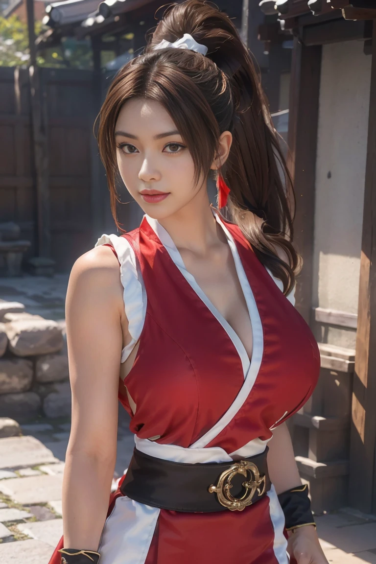 Mai Shiranui  ,   Brown Eyes  ,   Japanese Beauty，smile long hair,  brown hair, ( red clothes:1.3)，super Big Breasts，   sleeveless,   ponytail ,  pelvic curtains , Arm guard,  gloves, or，full的胸部，   Seductive Expression  , Sexy Eyes, Big Breasts, smile,   Stunning ,   viewer,  long hair, (  focus on bust:1.2), (:1.2), (Panorama: 1.2), (  realism), (  Masterpiece  :1.2), ( top quality), ( super detailed), (8k, 4K,  complicated), (85mm), light particles, light, (  very detailed:1.2), (  detail face :1.2), (  gradation for 1 person), sfv, rich and colorful, flower(  delicate eyes full of determination:1.2), (solid color background: 1.2),(   detailed background  ), (  dynamic angles in crowded Kyoto :1.2), ( dynamic pose with ladle:1.2), (   action line  :1.2),  Wide Angle Lenses , Big Breasts，Big Breasts，crowd，full，幸せなsmile，full的，  perfect eye details  ，cute