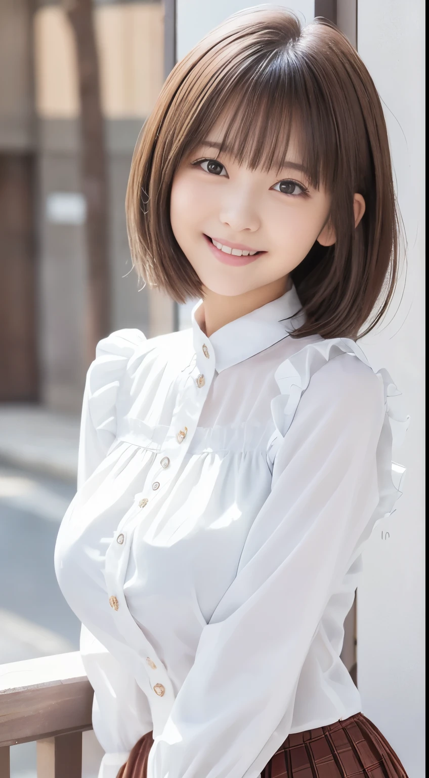 .................,, In front of school、 skirt、white long-sleeved shirt with ruffles on the chest、格子柄 skirt、On, , sakimichan,, cute and cute, , nice smile, sakimichan hdri、Lori、 boobs、Beautiful breasts 、,(Big Breasts:1.20),(:1)、 brown hair、 brown hairの髪、、 shorthair、Cute pose、 closes her mouth