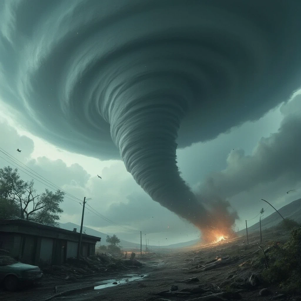 a massive tornado, swirling clouds, stormy sky, dramatic lighting, powerful wind, debris flying, apocalyptic atmosphere, cinematic composition, hyperrealistic details, (best quality,4k,8k,highres,masterpiece:1.2),ultra-detailed,(realistic,photorealistic,photo-realistic:1.37),cinematic, moody lighting, dramatic colors, intense contrast, dynamic composition