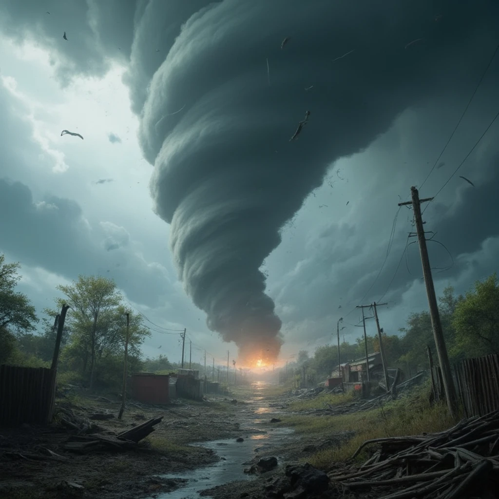 a massive tornado, swirling clouds, stormy sky, dramatic lighting, powerful wind, debris flying, apocalyptic atmosphere, cinematic composition, hyperrealistic details, (best quality,4k,8k,highres,masterpiece:1.2),ultra-detailed,(realistic,photorealistic,photo-realistic:1.37),cinematic, moody lighting, dramatic colors, intense contrast, dynamic composition