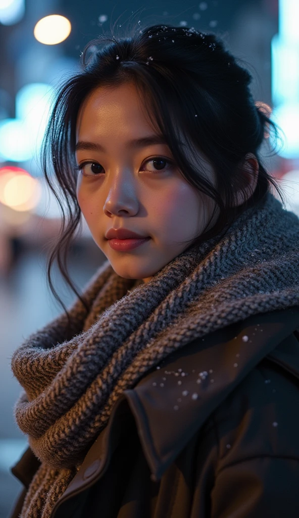 22 year old girl、 baby face、White Breath、((Tokyo cityscape))( downtown at night)((Stylish clothes for winter))( sexy)
 snow is falling 、(( close-up)) best quality,  anatomically correct,  high detail,  very detailed,  textured skin ,  smiles, 