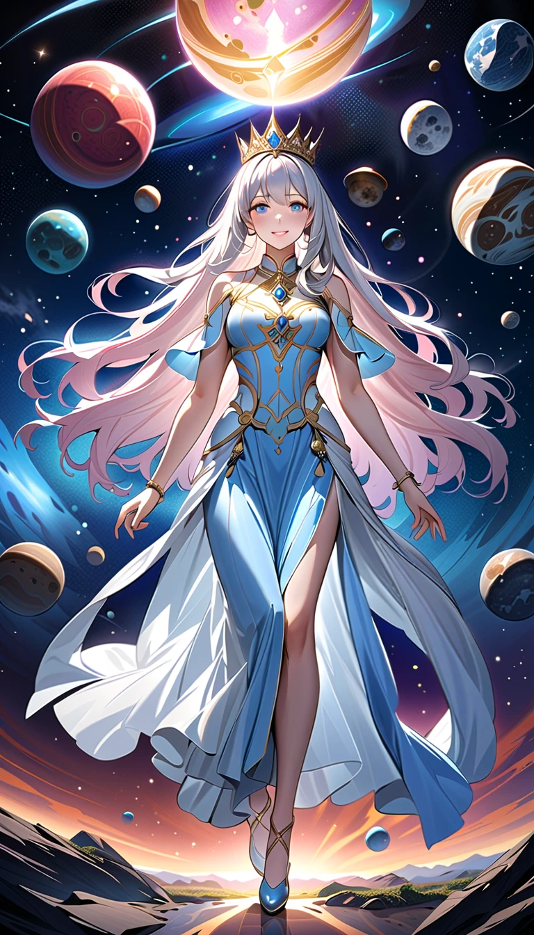 ( top quality,  high image quality,  high definition , 8k), The most beautiful goddess,  Anatomically Beautiful Body , Beautiful blue eyes, Beautiful pink lips,  perfect face,  Long Silky Straight Silver Hair, whole body,  White and Light Blue Royal Tunic ,  Quartz and Sapphire Crown ,  standing, Detailed illustrated art with quiet hand and foot movements ,  look at me and smile, Celestial Bodies, planet, nebula, solar system,  starry sky , meteor,  detailed illustrated art including backgrounds, 