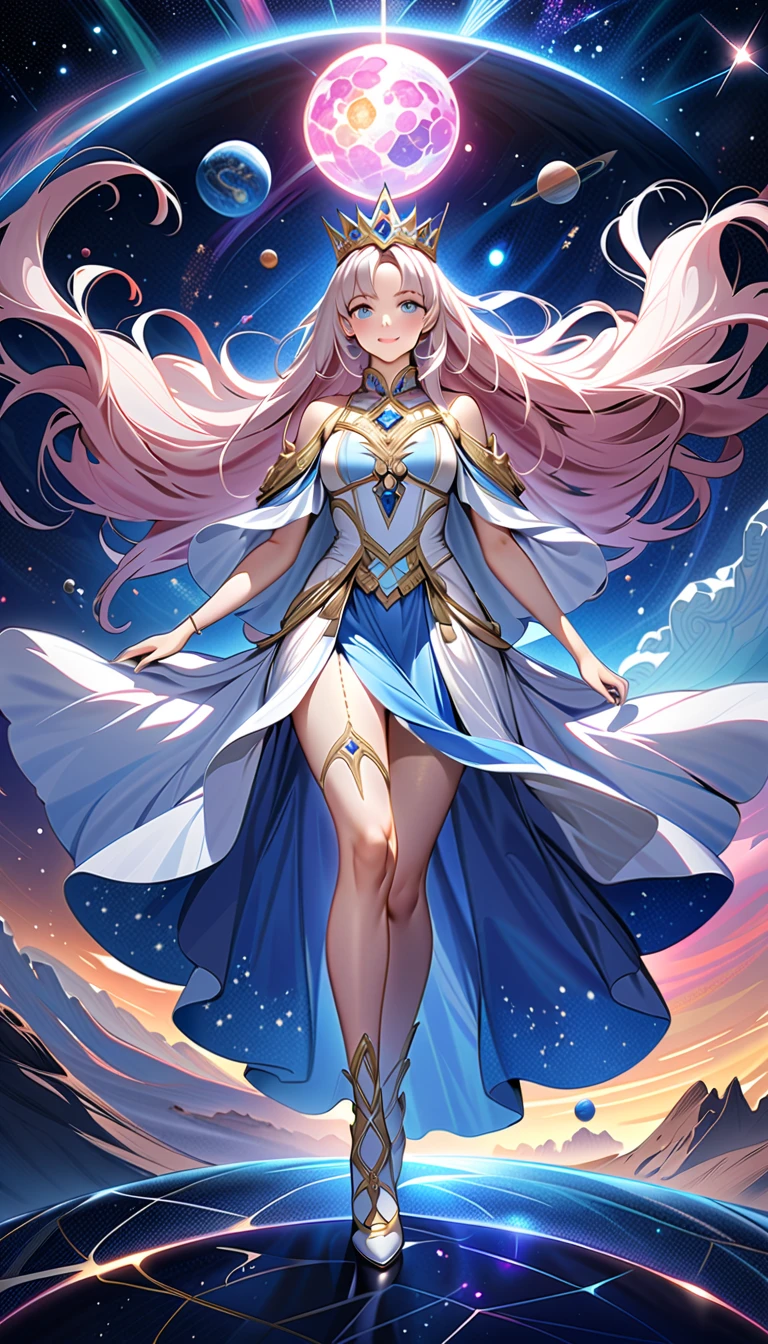 ( top quality,  high image quality,  high definition , 8k), The most beautiful goddess,  Anatomically Beautiful Body , Beautiful blue eyes, Beautiful pink lips,  perfect face,  Long Silky Straight Silver Hair, whole body,  White and Light Blue Royal Tunic ,  Quartz and Sapphire Crown ,  standing, Detailed illustrated art with quiet hand and foot movements ,  look at me and smile, Celestial Bodies, planet, nebula, solar system,  starry sky , meteor,  detailed illustrated art including backgrounds, 