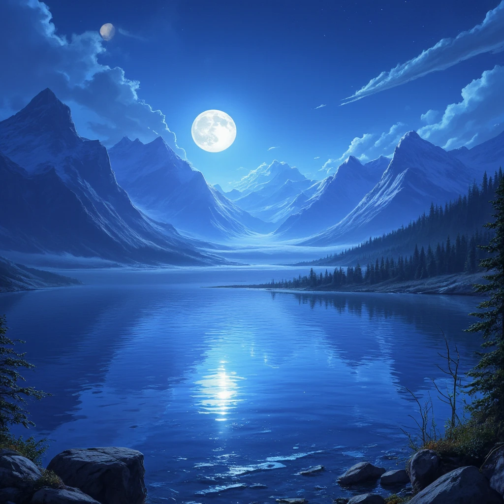 mountains and a lake with a moon in the sky, 4k highly detailed digital art, 4 k hd wallpaper very detailed, impressive fantasy landscape, sci-fi fantasy desktop wallpaper, unreal engine 4k wallpaper, 4k detailed digital art, sci-fi fantasy wallpaper, epic dreamlike fantasy landscape, 4k hd matte digital painting, 8k stunning artwork  