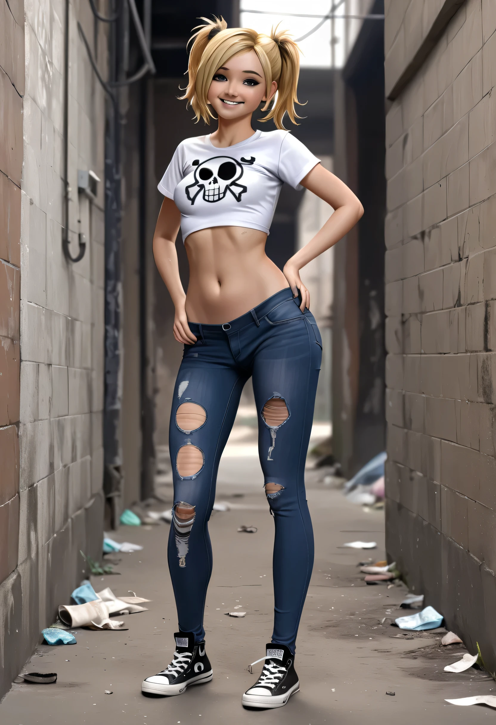 1 girl, blonde hair, white half shirt with skull print, showing stomach, ripped tight blue jean pants, pants unzipped in front showing white panties, black converse all star shoes, hands on hips, smiling, sexy, petite, small breasts, full body view, show from ground, detailed stomach, detailed arms, standing in dirty alley