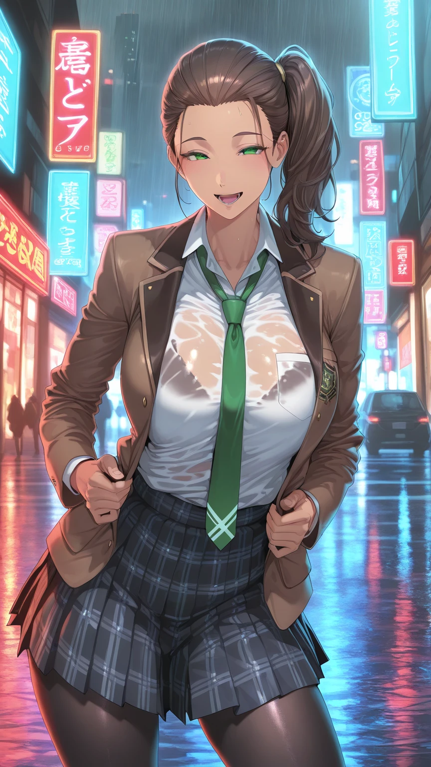 masterpiece, best quality, very aesthetic, photo realistic anime, Sharp Focus, high contrast, 1girl, detailed green eyes, half open mouth, smile, dark brown silky hair, hair pulled back, side ponytail, contrapposto, Captivating thighs, uniform, brown blazers, (hads in pocket, unbutton), Green tie, Plaid Pleated Skirt, black tights, rainy cyber city, at night