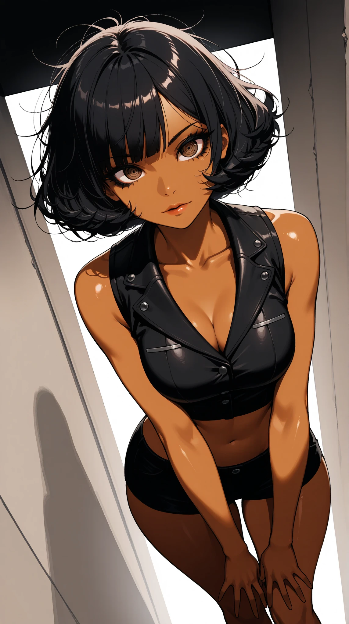 8k, (masterpiece), best quality, perfect face,perfect body, 1 woman, 1female, solo,detailed skin, tan skin, 1girl, solo, black hair, bangs,curvy, (brown eyes), ringed eyes, (crop top vest), (black hair, bob cut, curly hair, messy hair, side bangs, medium breasts, dark-skinned female, dark skin,  badass, beautiful face, black eyeliner, lips, ,, dynamic angle,  long eyelashes, bare legs, collarbone, , (highest quality:1.2, Very detailed, Latest, Vibrant, Ultra-high resolution, High Contrast, masterpiece:1.2, highest quality, Best aesthetics), , absurdres, high res, ultrasharp, 8K, masterpiece