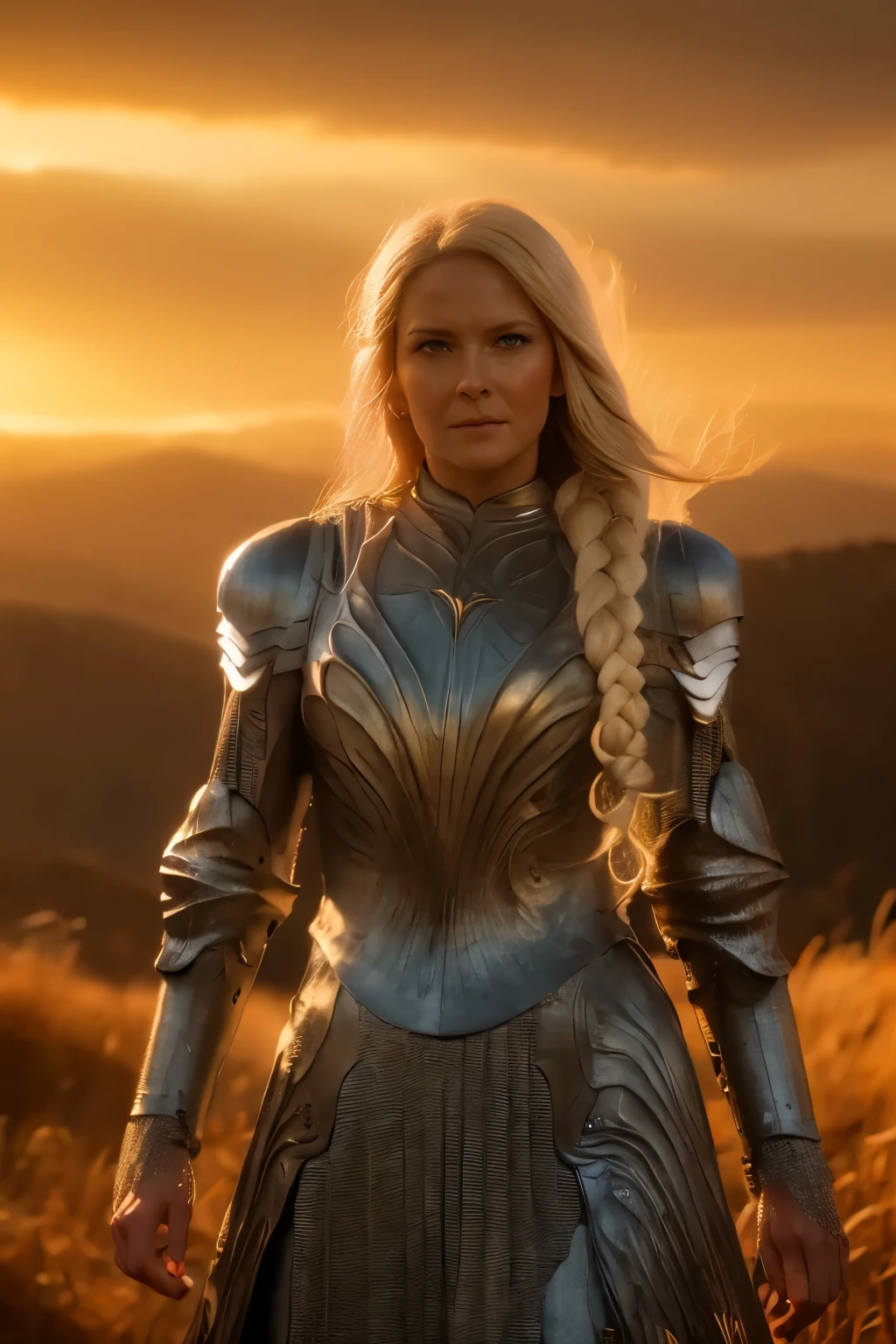 Galadriel, inspired by the series "The Rings of Power", (((L4L4 face))),  in a majestic pose at the center of the scene ,  wearing shimmering armor and elven details,  with its blond hair flowing under a golden light .  The background shows an epic landscape of golden Middle Earth ,  with distant mountains ,  dramatic sky and beams of heavenly light .  Determined expression and intense gaze ,  capturing your strength and wisdom .  Hyper-realistic details on the face and hands ,  metal texture of the highly detailed armor ,  skin illuminated with perfection ,  cinematic atmosphere , epic and glorious . natural light, 35mm photograph, film, professional, 4K, highly detailed, Golden hour lighting. Depth of field F2. Rule of Thirds Composition.
