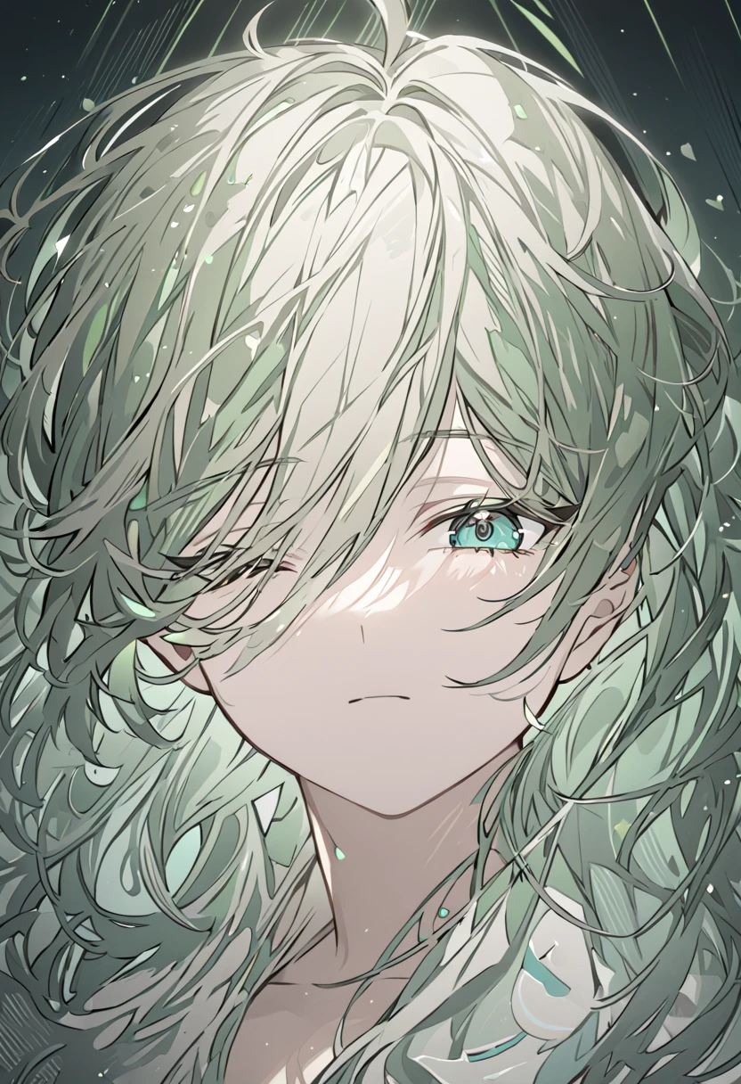 NSFW,Highest quality, Intricate details,un chico alto y hermoso, cabello lacio corto,Messy Hair, cabello cafe, Hair on one eye, ojos verde claro Full Art,Character portrait, hermoso rostro