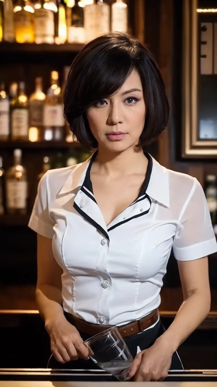 (( top quality)), ((8k)), ((masterpiece: 1.3)), ( perfect appearance ), ( photorealism: 1.6), (And), (mature bartender ),  perfect anatomy , ((65 years old)), (( bartender uniform )), ( white blouse, Black comber belt ), ( Very Short Hairstyle ), ( inside a classic bar counter),