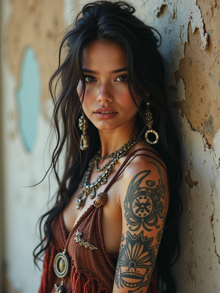 A beautiful woman, slender, tribal meets bohemian, tattoos, piercing, bohemian jewelry, modern, textured peeling wall in background, graphite, raw, gritty, dirty, mix of colors & materials, intricate, detailed, fashion photography