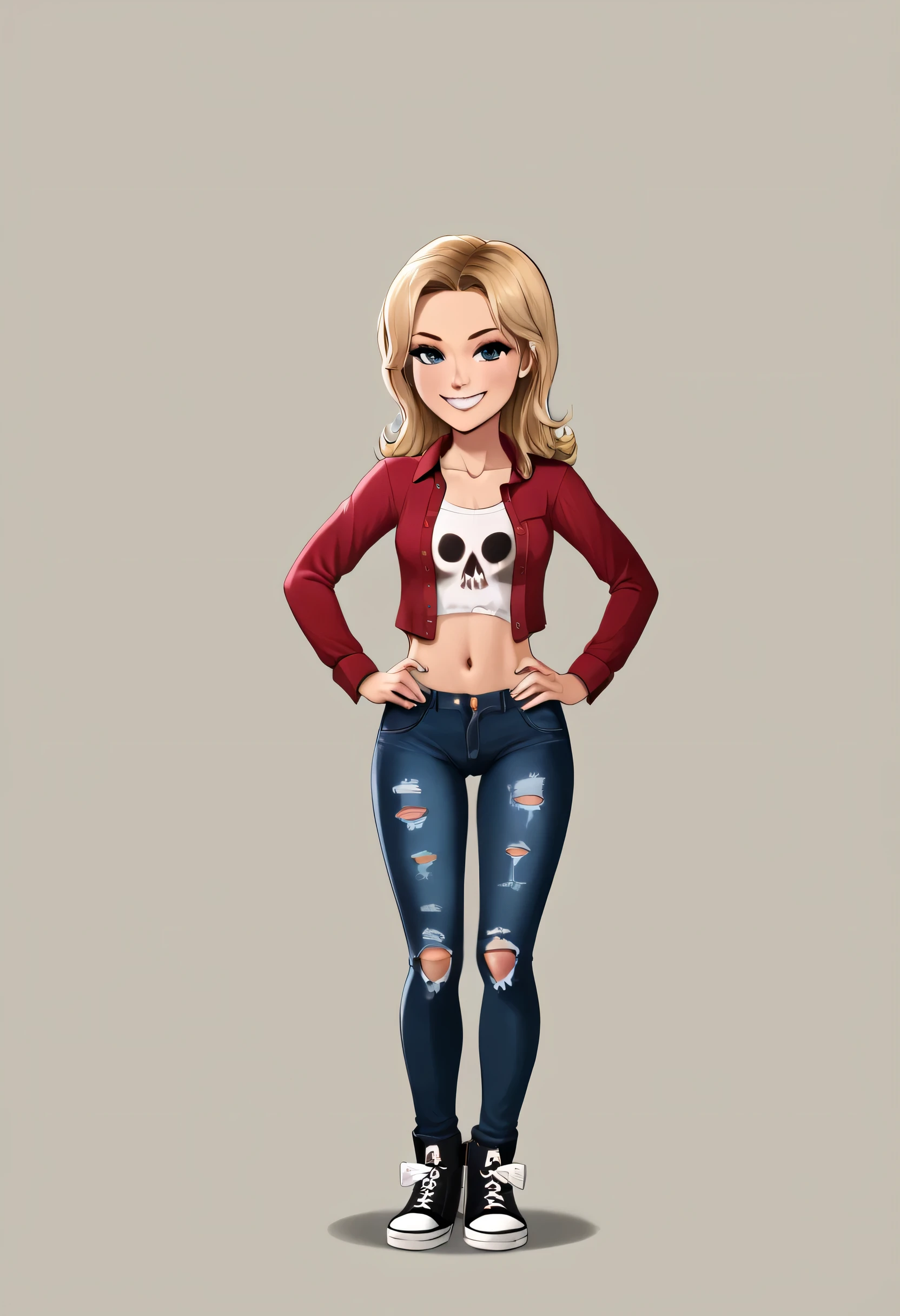 1 girl, blonde hair, white half shirt with skull print, showing stomach, ripped tight blue jean pants unbuttoned, black converse all star shoes, hands on hips, smiling, sexy, petite, small breasts, full body view, show from ground,