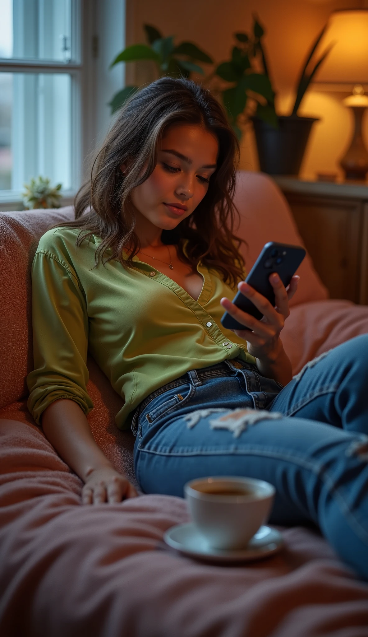A brunette girl with curly hair and big breasts sits with her legs stretched out, taking a realistic photo
