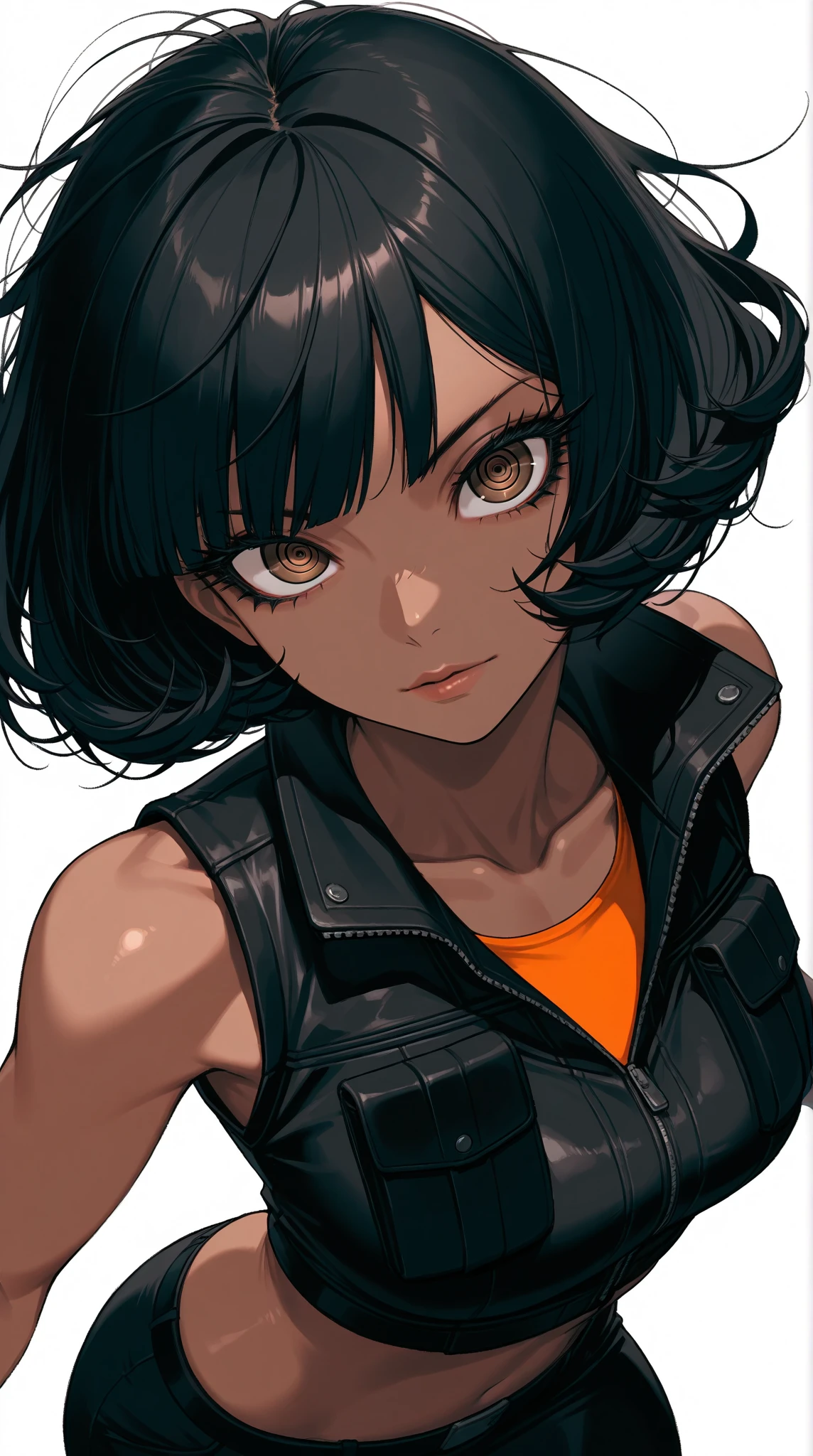 8k, (masterpiece), best quality, perfect face,perfect body, 1 woman, 1female, solo,detailed skin, tan skin, 1girl, solo, black hair, bangs,curvy, (brown eyes), ringed eyes, (crop top vest), (black hair, bob cut, curly hair, messy hair, side bangs, medium breasts, dark-skinned female, dark skin,  badass, beautiful face, black eyeliner, lips, ,, dynamic angle,  long eyelashes, collarbone, , absurdres, high res, ultrasharp, 8K, masterpiece