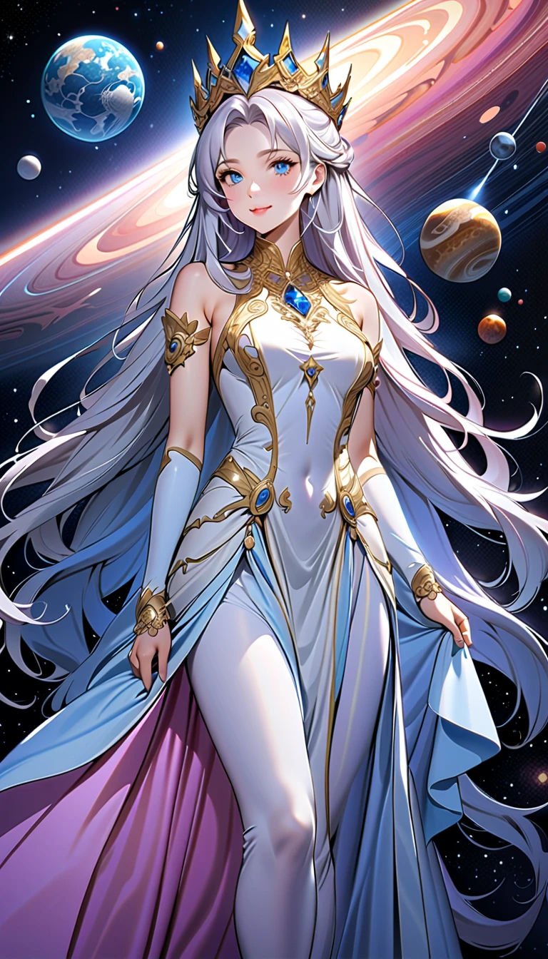 ( top quality,  high image quality,  high definition , 8k), The most beautiful goddess,  Anatomically Beautiful Body , Beautiful blue eyes, Beautiful pink lips,  perfect face,  Long Silky Straight Silver Hair, whole body,  White and Light Blue Royal Tunic ,  Quartz and Sapphire Crown ,  standing, Detailed illustrated art with quiet hand and foot movements ,  look at me and smile, Celestial Bodies, planet, nebula, solar system,  starry sky , meteor,  detailed illustrated art including backgrounds, 