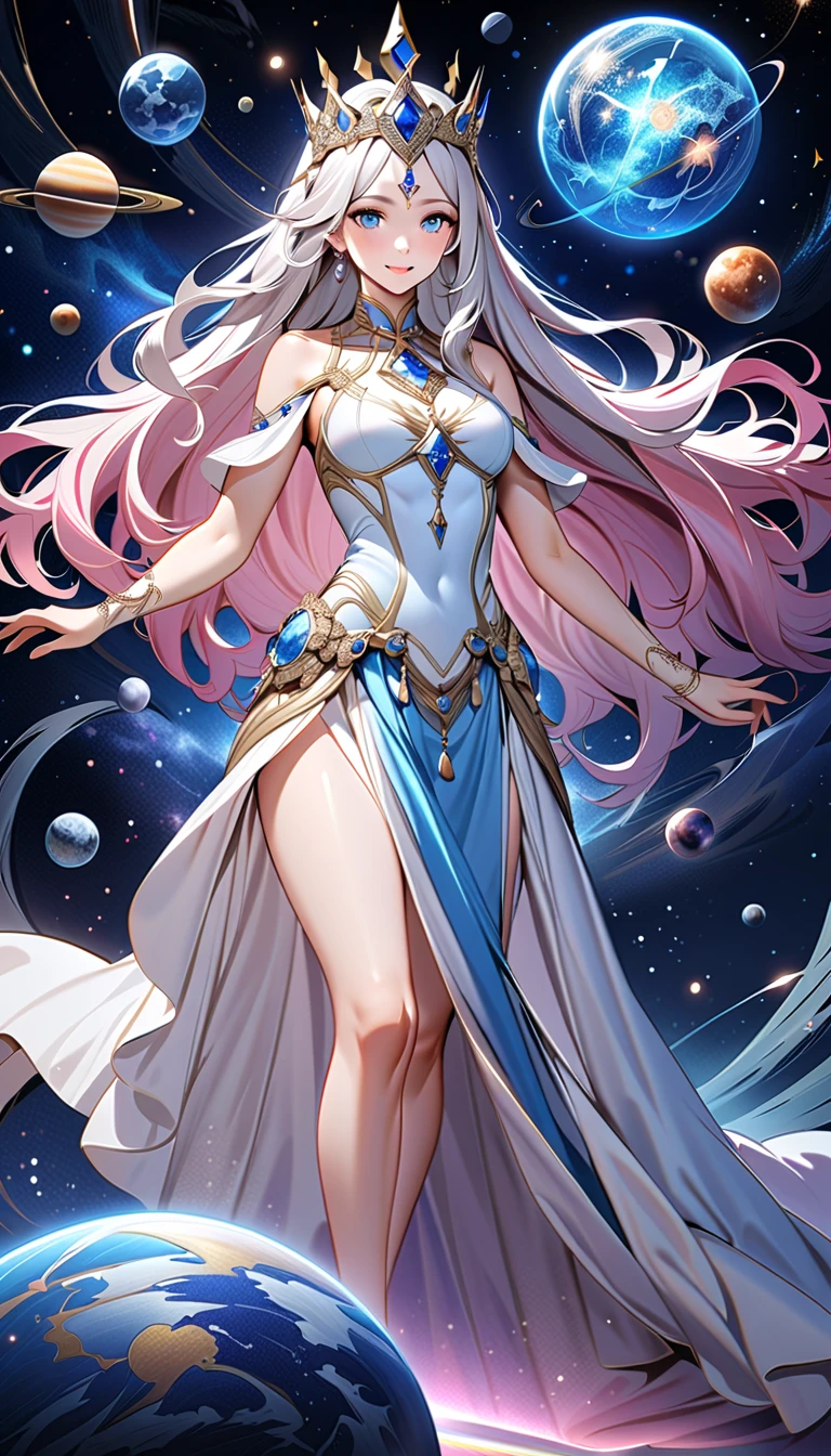 ( top quality,  high image quality,  high definition , 8k), The most beautiful goddess,  Anatomically Beautiful Body , Beautiful blue eyes, Beautiful pink lips,  perfect face,  Long Silky Straight Silver Hair, whole body,  White and Light Blue Royal Tunic ,  Quartz and Sapphire Crown ,  standing, Detailed illustrated art with quiet hand and foot movements ,  look at me and smile, Celestial Bodies, planet, nebula, solar system,  starry sky , meteor,  detailed illustrated art including backgrounds, 