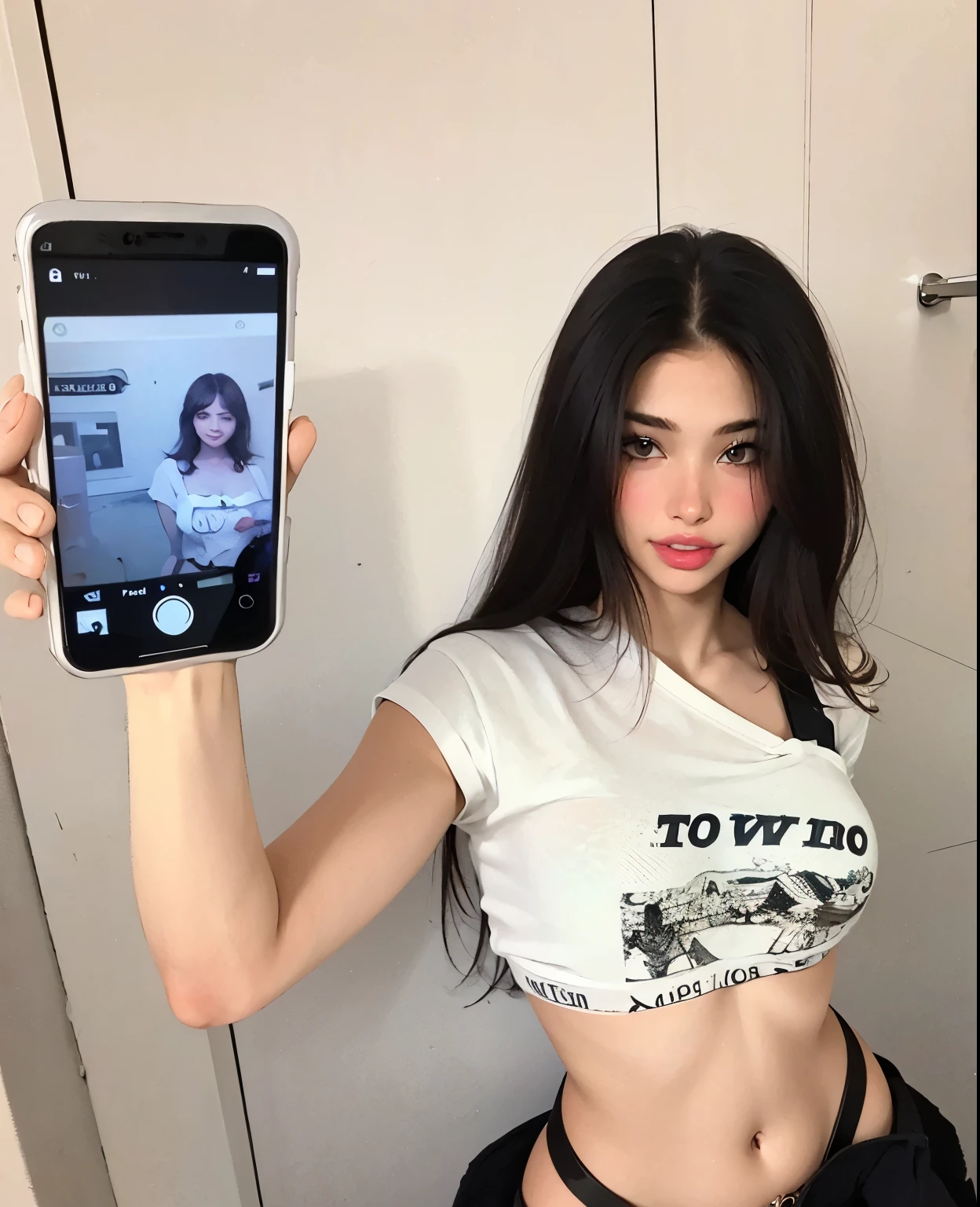 there a woman taking a picture of herself in a mirror, instagram model, 18 years old, blackpink jennie, 2 4 year old female model, 2 , her belly button exposed, 21 years old, bella poarch, asian girl, 1 6 years old old, she abouold