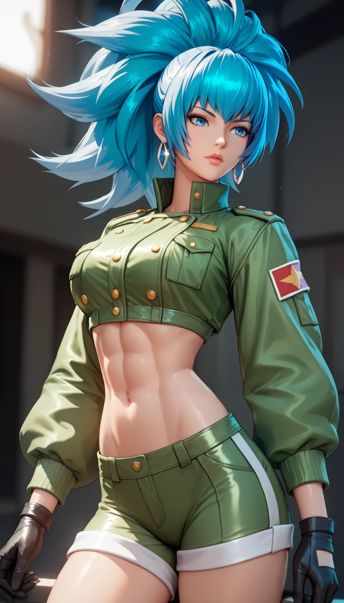 blue Hair、leonakofdg、blue eyes、green shorts, midriff, crop top, black gloves, military uniform, green jacket, earrings, jewelry, Shiny Hair、Tight waist、Small waist、Glowing Skin、Beauty、