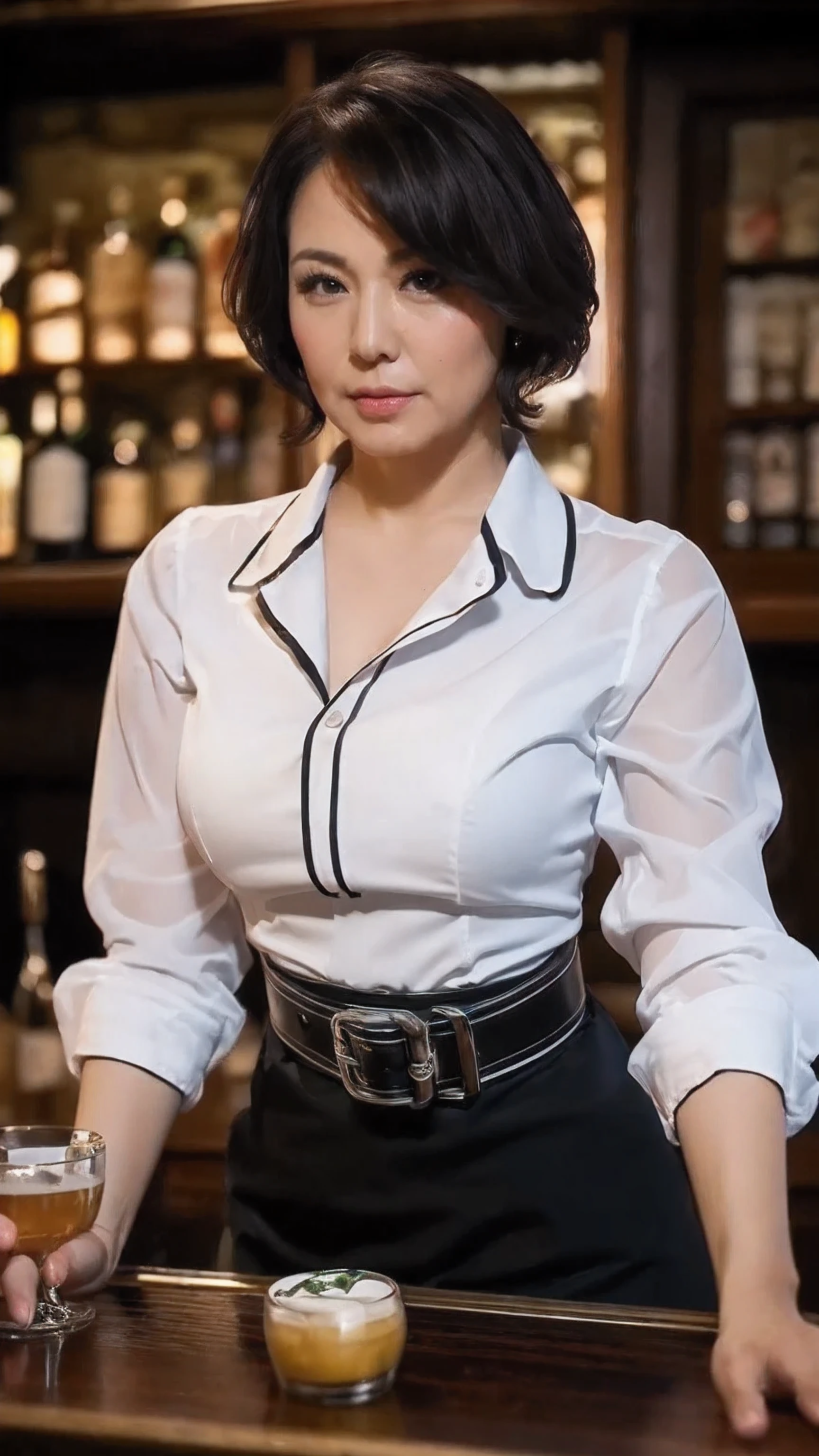 (( top quality)), ((8k)), ((masterpiece: 1.3)), ( perfect appearance ), ( photorealism: 1.6), (And), (mature bartender ),  perfect anatomy , ((65 years old)), (( bartender uniform )), ( white blouse, Black comber belt ), ( Very Short Hairstyle ), ( inside a classic bar counter),