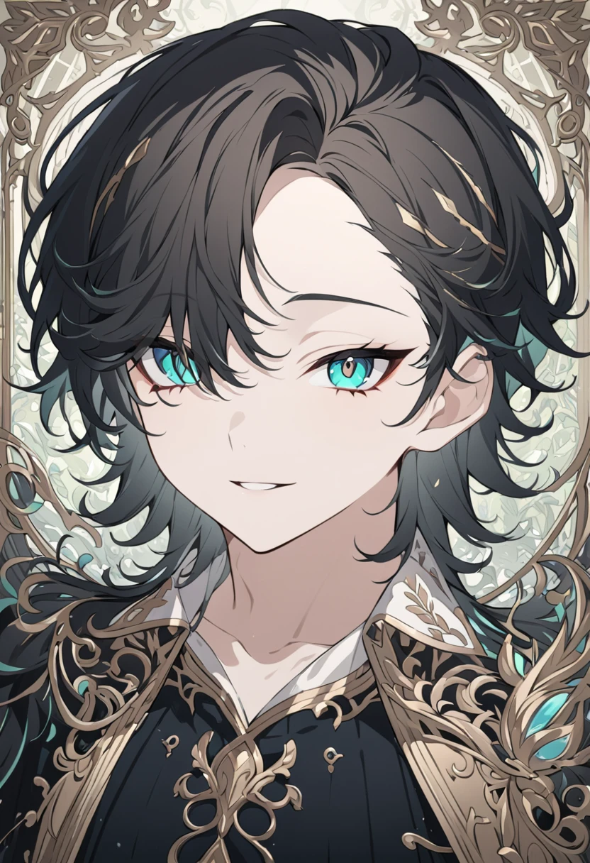 NSFW,Highest quality, Intricate details,un chico alto y hermoso, cabello lacio corto,Messy Hair, cabello cafe, Hair on one eye, ojos verde claro Full Art,Character portrait, hermoso rostro, sexy face 