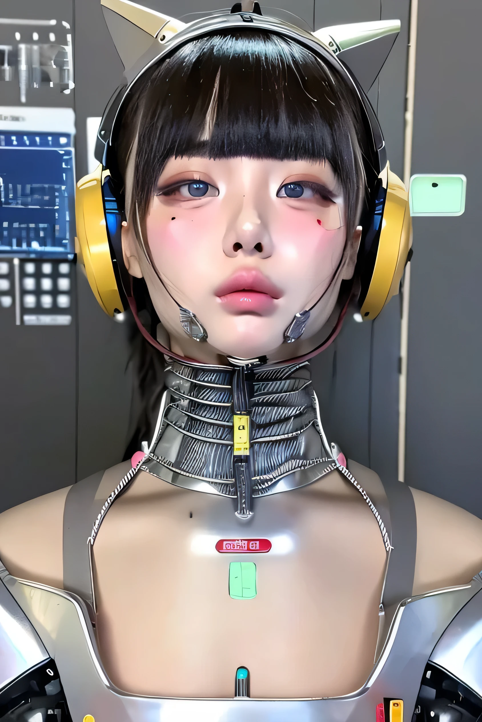 masterpiece, best quality, extremely detailed,portrait,front view,Japaese android girl,Plump, control panels,android,Droid,Mechanical Hand, Robot arms and legs,Blunt bangs,long tube,thick cable connected her neck