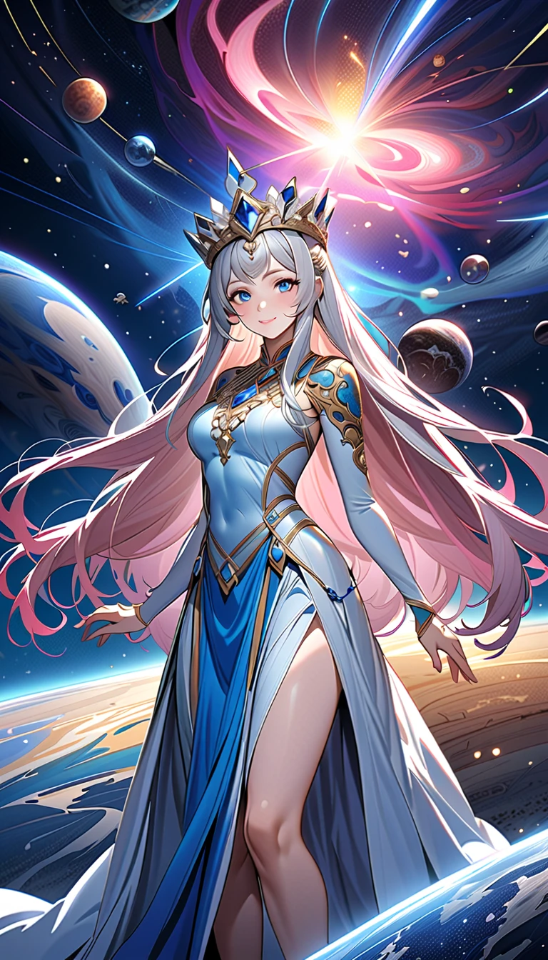 ( top quality,  high image quality,  high definition , 8k), The most beautiful goddess,  Anatomically Beautiful Body , Beautiful blue eyes, Beautiful pink lips,  perfect face,  Long Silky Straight Silver Hair, whole body,  White and Light Blue Royal Tunic ,  Quartz and Sapphire Crown ,  standing, Detailed illustrated art with quiet hand and foot movements ,  look at me and smile, Celestial Bodies, planet, nebula, solar system,  starry sky , meteor,  detailed illustrated art including backgrounds, 