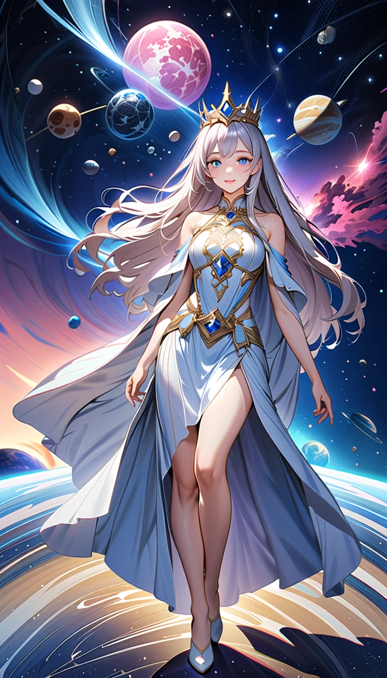 ( top quality,  high image quality,  high definition , 8k), The most beautiful goddess,  Anatomically Beautiful Body , Beautiful blue eyes, Beautiful pink lips,  perfect face,  Long Silky Straight Silver Hair, whole body,  White and Light Blue Royal Tunic ,  Quartz and Sapphire Crown ,  standing, Detailed illustrated art with quiet hand and foot movements ,  look at me and smile, Celestial Bodies, planet, nebula, solar system,  starry sky , meteor,  detailed illustrated art including backgrounds, 