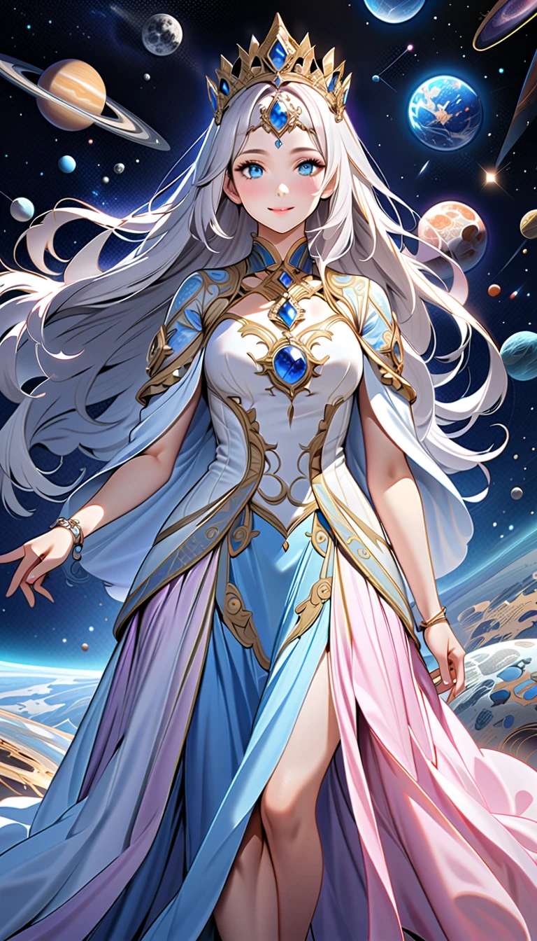 ( top quality,  high image quality,  high definition , 8k), The most beautiful goddess,  Anatomically Beautiful Body , Beautiful blue eyes, Beautiful pink lips,  perfect face,  Long Silky Straight Silver Hair, whole body,  White and Light Blue Royal Tunic ,  Quartz and Sapphire Crown ,  standing, Detailed illustrated art with quiet hand and foot movements ,  look at me and smile, Celestial Bodies, planet, nebula, solar system,  starry sky , meteor,  detailed illustrated art including backgrounds, 